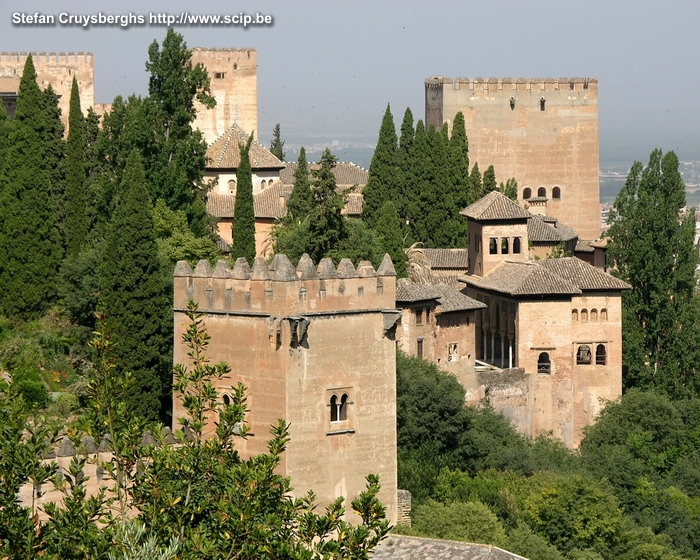 Granada - Alhambra View on the Nasrid palaces with the towers of the Alcazaba in the back . Stefan Cruysberghs